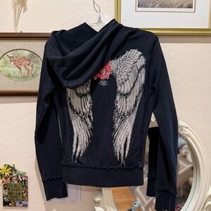 Sinful by Affliction Black Angel Wings Crystal Hoodie Sz S.